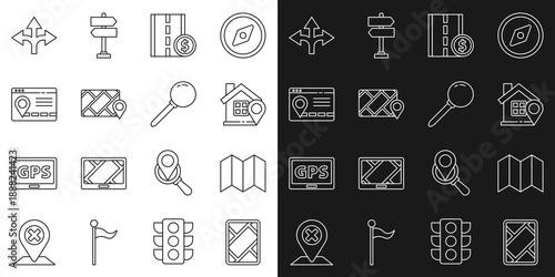 Set line Gps device with map, Folded, Location house, Toll road traffic sign, City navigation, Infographic of city, Road and Push pin icon. Vector