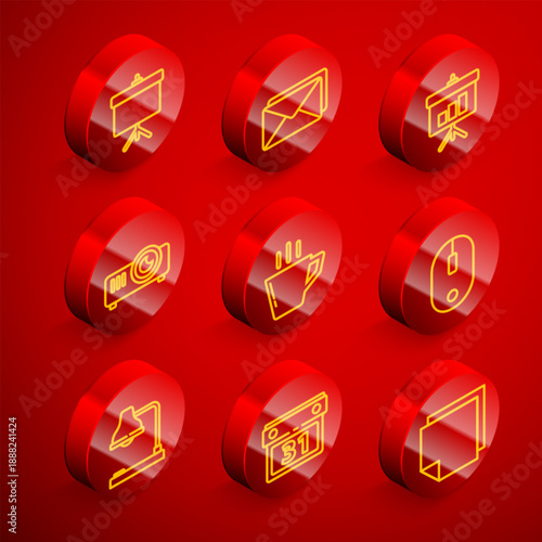 Set line Chalkboard with diagram, Envelope, Movie, film, media projector, Coffee cup, Computer mouse, Table lamp and Calendar icon. Vector