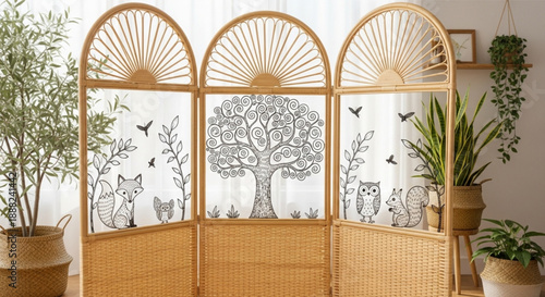 Rattan Room Divider Folding Screen Decor Silhouette
