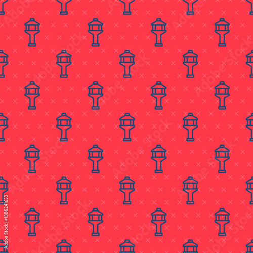 Blue line Airport control tower icon isolated seamless pattern on red background. Vector