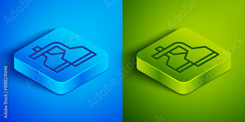 Isometric line Traditional brewing vessels in brewery icon isolated on blue and green background. Beer brewing process. Distillery plant, brewery. Square button. Vector