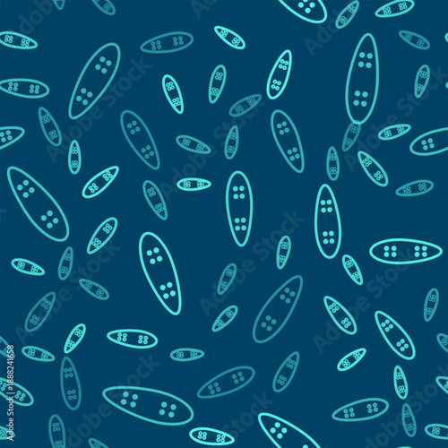 Green line Longboard or skateboard cruiser icon isolated seamless pattern on blue background. Extreme sport. Sport equipment. Vector