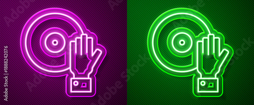 Glowing neon line DJ playing music icon isolated on purple and green background. Vector