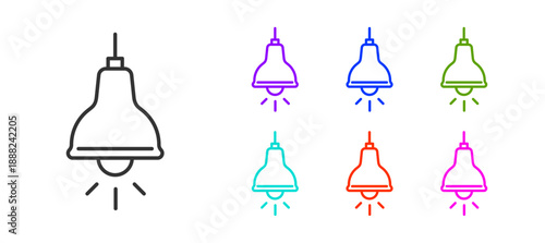 Black line Lamp hanging icon isolated on white background. Ceiling lamp light bulb. Set icons colorful. Vector