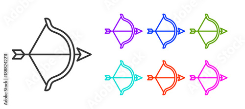 Black line Bow and arrow icon isolated on white background. Cupid symbol. Love sign. Happy Valentines day. Set icons colorful. Vector