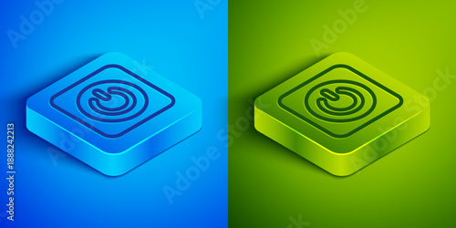Isometric line Power button icon isolated on blue and green background. Start sign. Square button. Vector