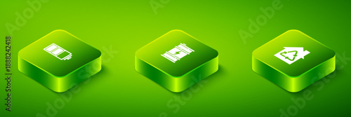 Set Isometric Bio fuel barrel, Eco House with recycling and Battery icon. Vector
