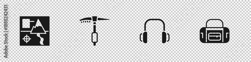 Set Folded map, Ice axe, Winter headphones and Sport bag icon. Vector