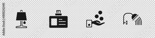 Set Table lamp, Identification badge, Paying tips and Shower head icon. Vector