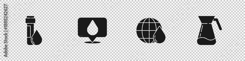 Set Test tube with water drop, Water location, Earth planet in and Jug glass icon. Vector