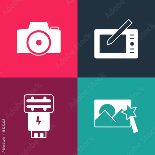 Set pop art Photo retouching, camera flash, Graphic tablet and icon. Vector