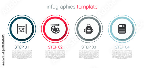 Set Abacus, Paint brush with palette, School backpack and Dossier folder. Business infographic template. Vector