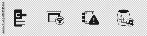 Set Digital door lock, Smart garage, House under protection and Voice assistant icon. Vector
