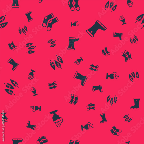 Set Mulled wine, Socks, Leaf or leaves and Waterproof rubber boot on seamless pattern. Vector