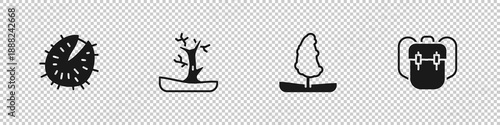 Set Chestnut, Bare tree, Tree and School backpack icon. Vector
