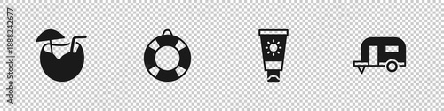Set Coconut cocktail, Lifebuoy, Sunscreen cream in tube and Rv Camping trailer icon. Vector