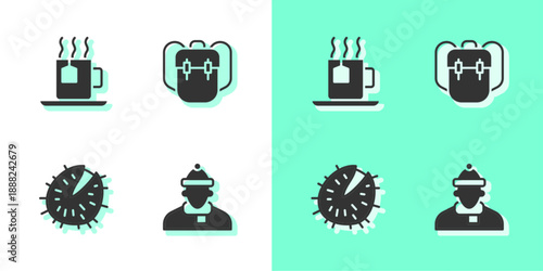 Set Autumn clothes, Cup of tea with tea bag, Chestnut and School backpack icon. Vector
