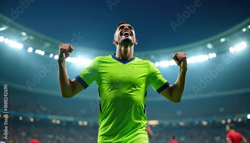 Soccer player in green shirt celebrates scoring a goal with arms raised high. Excited man feels joy and triumph on stadium field. Athlete wins match against opponent.