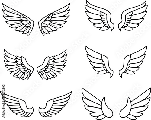 Diverse vector set of outlined wings, symbolizing flight, freedom, and aspirations for creative graphic designs