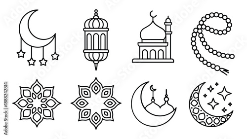 Islamic symbols and designs isolated on white background, Vector
