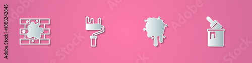 Set paper cut Painting the house, roller brush, spray and bucket with icon. Paper art style. Vector