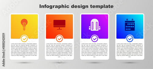 Set Light bulb with concept of idea, Computer monitor screen, School backpack and Calendar. Business infographic template. Vector