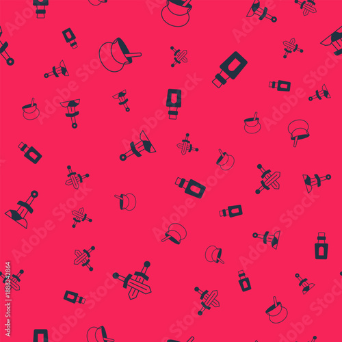 Set Crossed medieval sword, Witch cauldron, Sword in the stone and Bottle with potion on seamless pattern. Vector