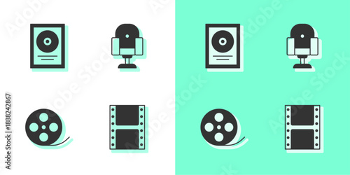 Set Play video, CD disk award in frame, Film reel and Director movie chair icon. Vector