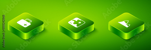 Set Isometric Africa safari map, Mountains and First aid kit icon. Vector