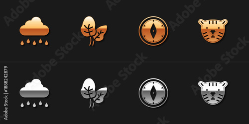 Set Cloud with rain, Tropical leaves, Compass and Tiger head icon. Vector