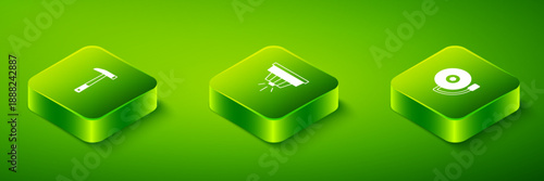 Set Isometric Smoke alarm system, Ringing bell and Firefighter axe icon. Vector