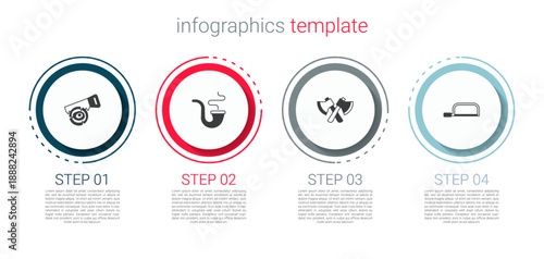 Set Hand saw and log, Smoking pipe, Wooden axe and Hacksaw. Business infographic template. Vector