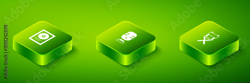 Set Isometric Microphone, Director movie chair and CD disk award in frame icon. Vector