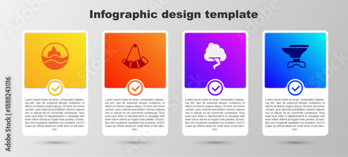 Set Sea and waves, Hunting horn, Cloud lightning and Anvil for blacksmithing. Business infographic template. Vector