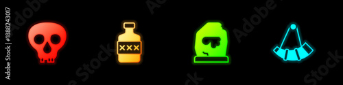 Set Skull, Whiskey bottle, Magic rune and Hunting horn icon. Vector