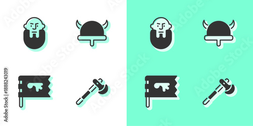 Set Wooden axe, Viking head, flag and horned helmet icon. Vector