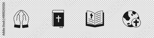 Set Hands in praying position, Holy bible book, and Christian cross with globe icon. Vector