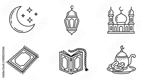 Islamic symbols and artifacts isolated on white background, Vector