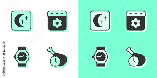 Set Food time, Moon and stars, Wrist watch and Calendar spring icon. Vector