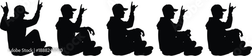 Black silhouette of man sitting on ground, wearing baseball cap, showing rock and roll hand gesture, vector illustration, isolated on white background, music concept