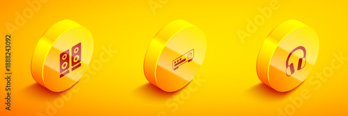 Set Isometric Stereo speaker, Sound mixer controller and Headphones icon. Vector