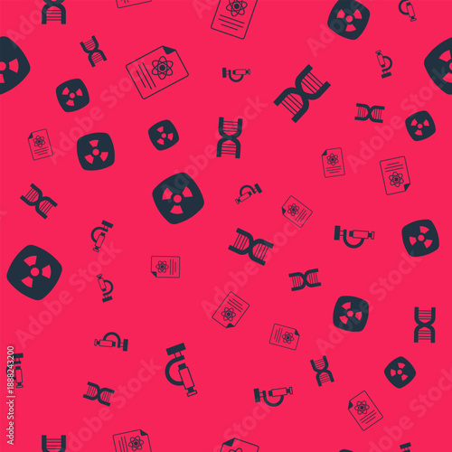 Set Microscope, Chemistry report, Radioactive and DNA symbol on seamless pattern. Vector
