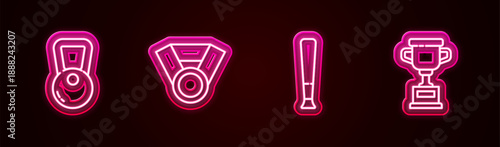 Set line Kettlebell, Medal, Baseball bat and Award cup. Glowing neon icon. Vector