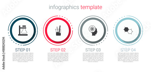Set Test tube flask on stand, Laboratory glassware, Atom and Chemical formula. Business infographic template. Vector