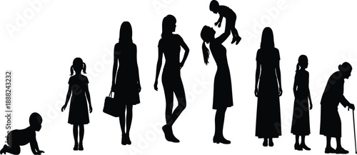 Black silhouettes of female aging process from baby to elderly woman, life cycle of a woman, different ages of female growth vector illustration