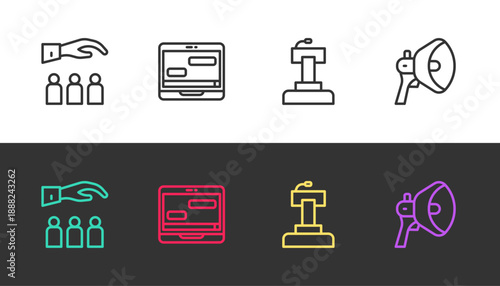 Set line Boss with employee, Chat messages on laptop, Stage stand or tribune and Megaphone on black and white. Vector