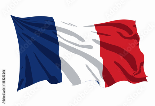 Vivid depiction of a flowing tricolor flag waving against a clear background, symbolizing national pride and cultural heritage with its distinct blue, white, and red stripes