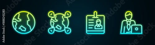 Set line Earth globe, Location on the, Identification badge and Businessman. Glowing neon icon. Vector