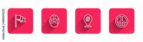 Set line Location marker, Special forces soldier, Protest and Peace with long shadow. Red square button. Vector