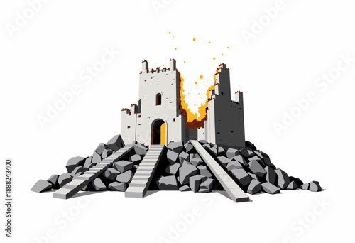 Illustration of an Ancient Castle on Rocky Hill with Fiery Explosion Creating Dramatic Scene Against White Background